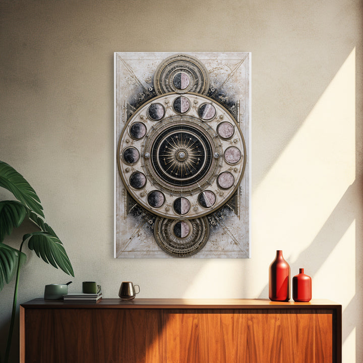 Moon Phase Mandala Framed Canvas Print, Sacred Geometry Art, Textured Painting, Living Room Decor, Fine Art, Geometry, SGA-2x3-46