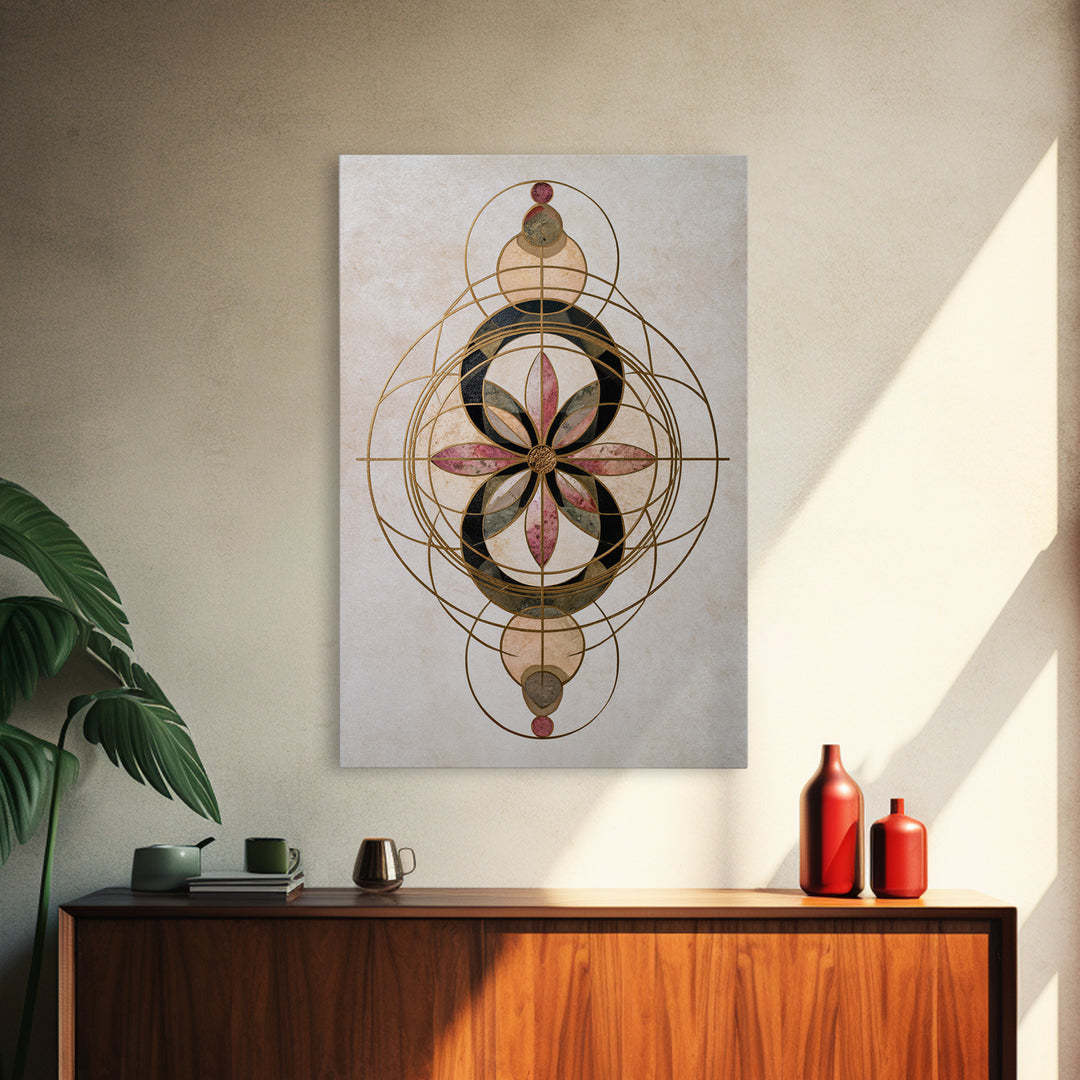 Gold Line Compass Mandala on Parchment Canvas Print, Sacred Geometry Art, Wall Art Print, Living Room Decor, Abstract Art, SGA-2x3-77