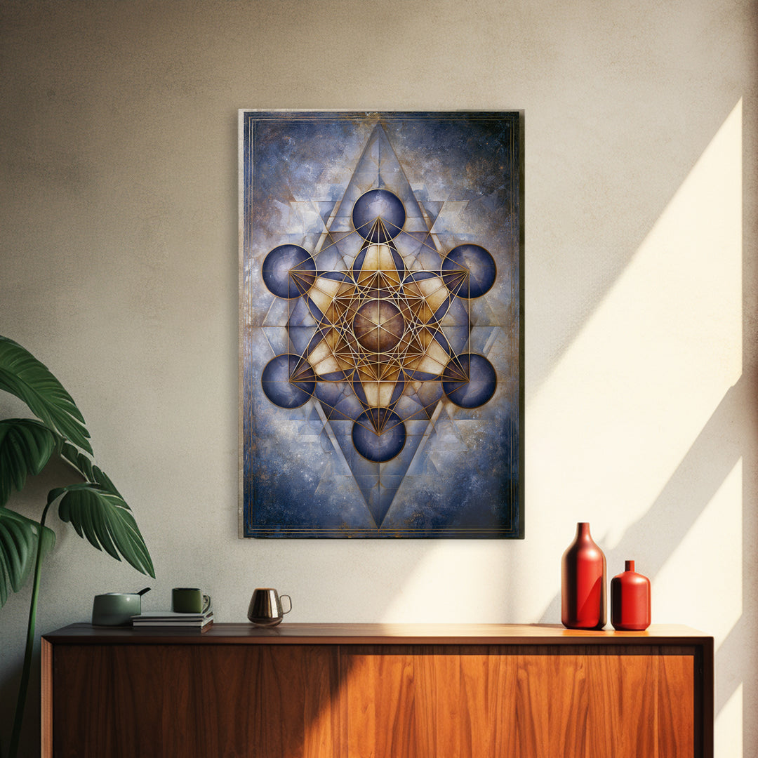 Metatron Cube with Celestial Background Framed Canvas Print, Sacred Geometry Art, Boho Decor, Living Room Decor, Abstract Art, SGA-2x3-83
