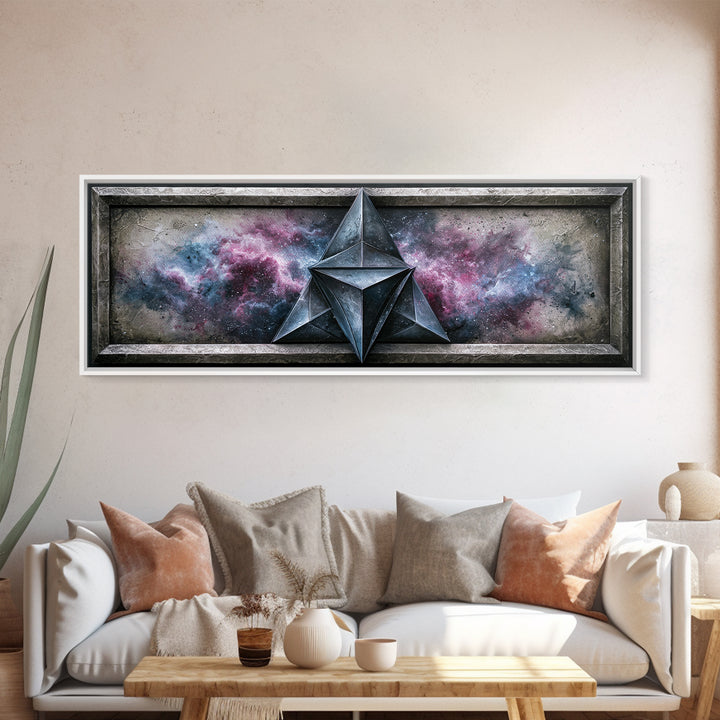Star Tetrahedron with Watercolor Galaxy Wash Canvas Print, Sacred Geometry Art, Spiritual Wall Art, Living Room Decor, Geometry, SGA-3x1-24