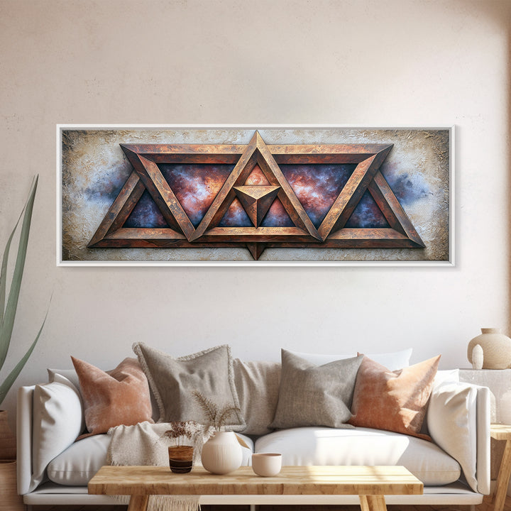Star Tetrahedron with Watercolor Galaxy Wash Framed Canvas Print, Sacred Geometry Art, Wall Art, Living Room Decor, Geometry, SGA-3x1-72