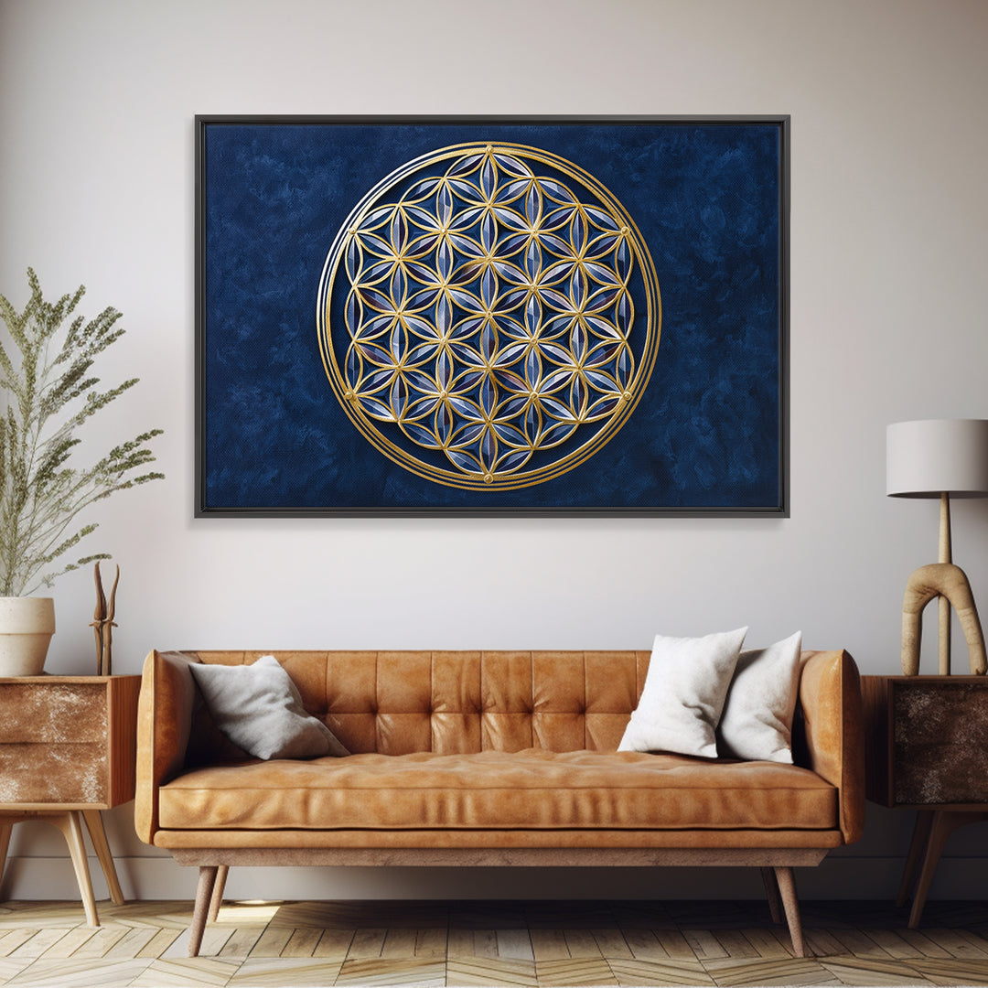Flower of Life Pattern Framed Canvas Print, Sacred Geometry Art, Floral Prints, Living Room Decor, Oil Painting, Geometry, SGA-3x2-5