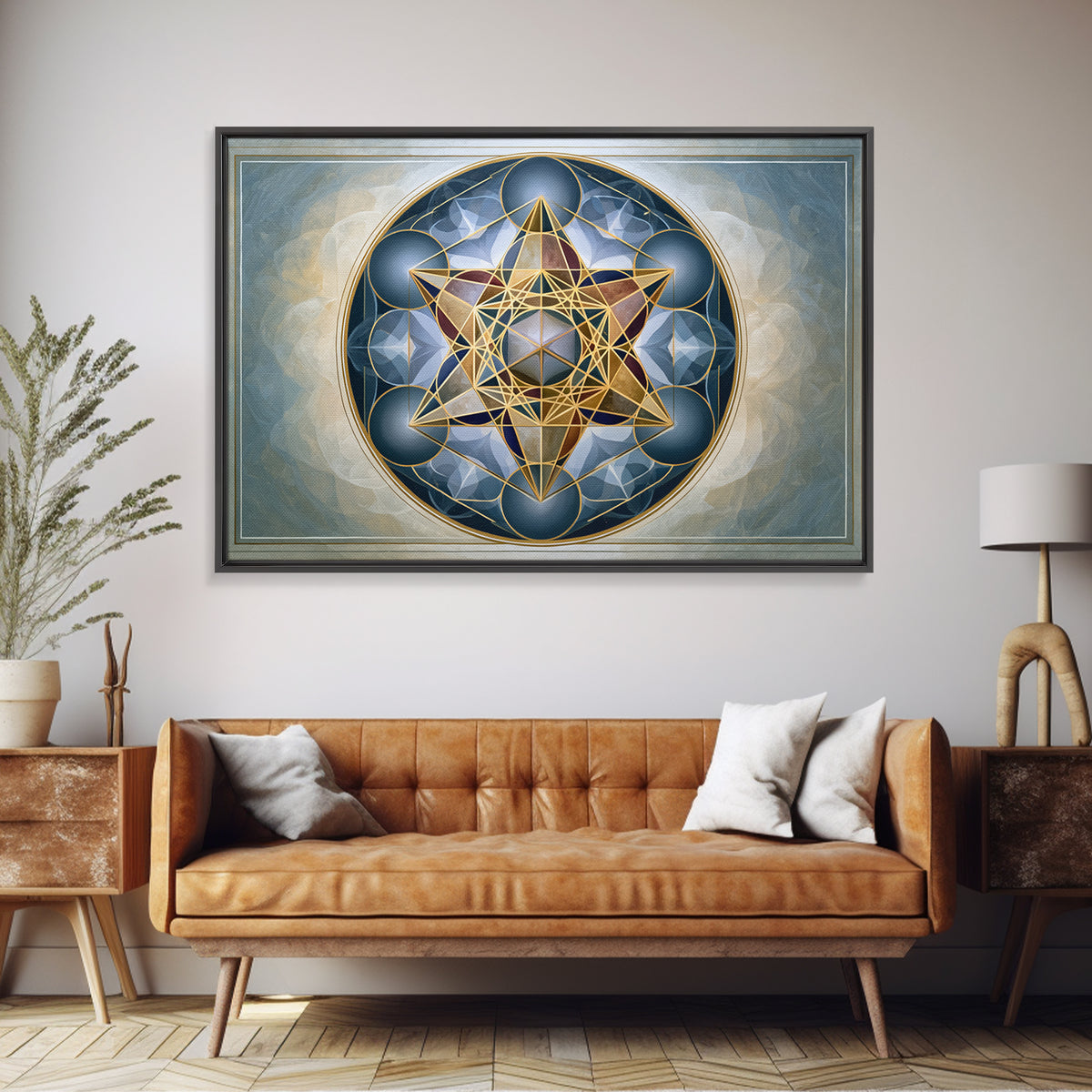 Metatron Cube with Celestial Background Framed Canvas Print, Sacred Geometry Art, Digital Art, Living Room Decor, Oil Painting, SGA-3x2-55