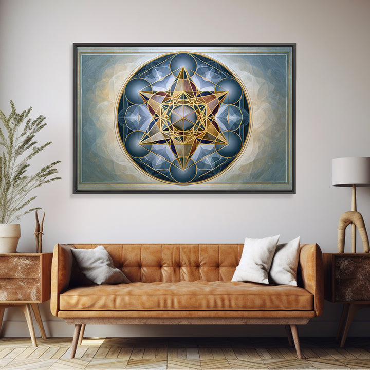 Metatron Cube with Celestial Background Framed Canvas Print, Sacred Geometry Art, Digital Art, Living Room Decor, Oil Painting, SGA-3x2-55