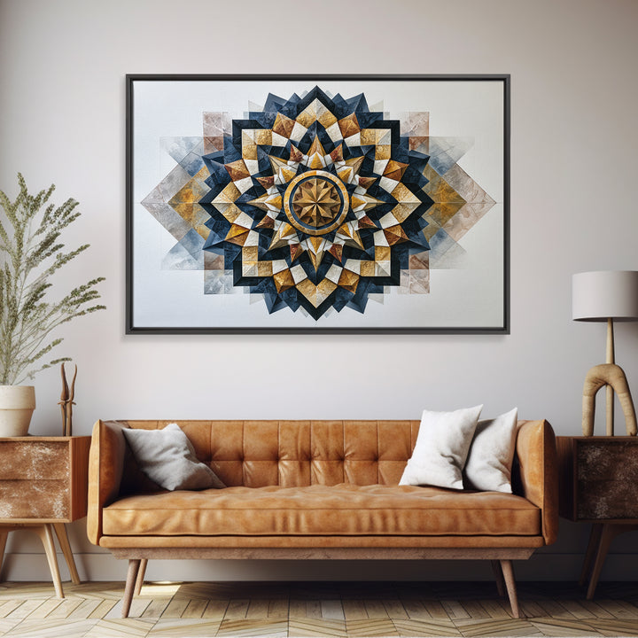 Black and Gold Geometric Rosette Framed Canvas Print, Sacred Geometry Art, Home Decor, Living Room Decor, Fine Art, Geometry, SGA-3x2-64