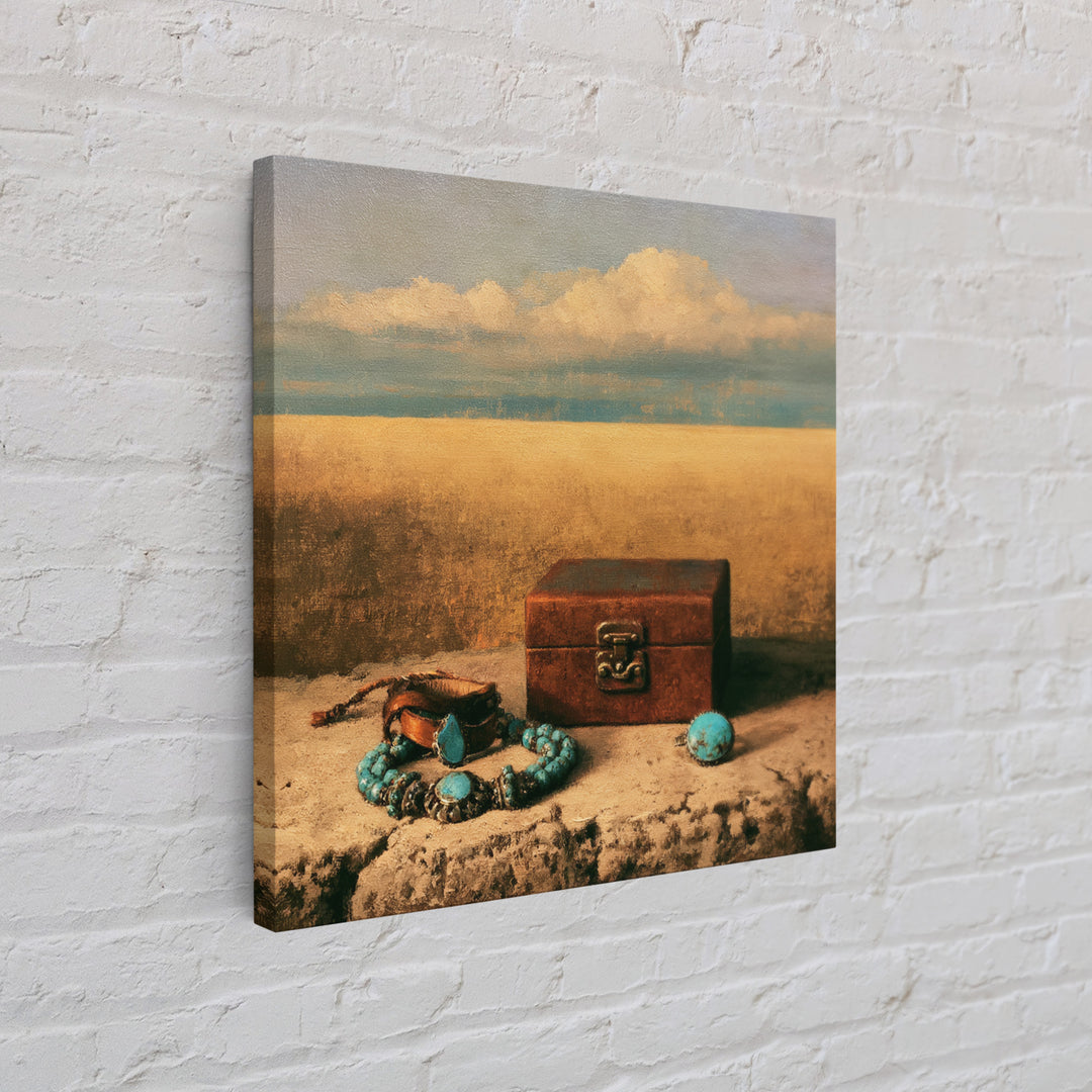 Turquoise Jewelry and Leather Still Life Framed Canvas Print, Southwestern Art, Boho Wall Art, Southwestern Decor, Mesa, SOU-1x1-11