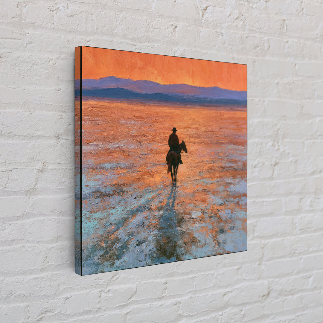 Horse Rider Crossing Desert at Dusk Framed Canvas Print, Southwestern Art, Farmhouse Wall Art, Southwestern Decor, Mesa, SOU-1x1-43