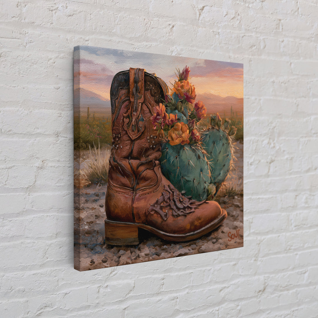 Western Boot with Cactus Blossoms Framed Canvas Print, Southwestern Art, Luxury Decor, Southwestern Decor, Fine Art, Mesa, SOU-1x1-65