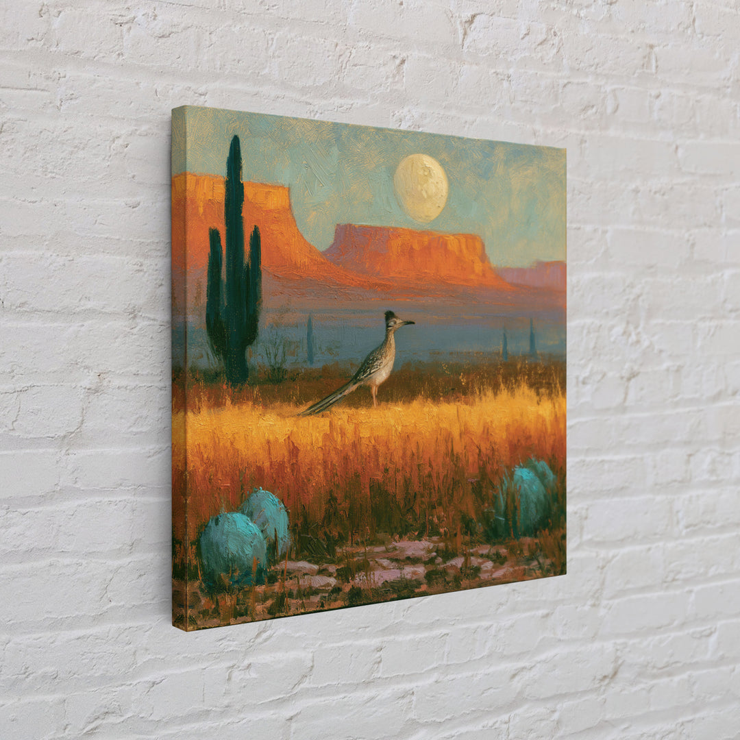 Roadrunner under a Pale Desert Moon Framed Canvas Print, Southwestern Art, Digital Wall Art, Southwestern Decor, Oil Painting, SOU-1x1-8