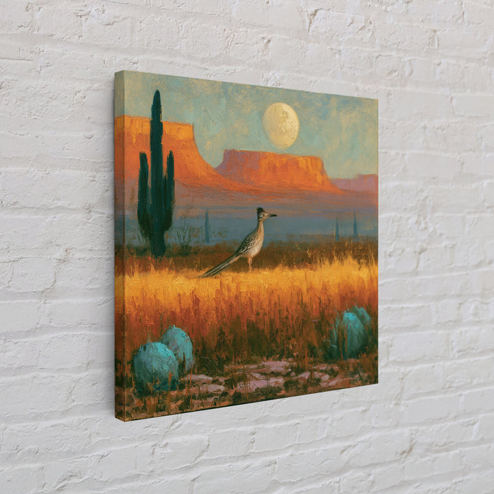 Roadrunner under a Pale Desert Moon Framed Canvas Print, Southwestern Art, Digital Wall Art, Southwestern Decor, Oil Painting, SOU-1x1-8