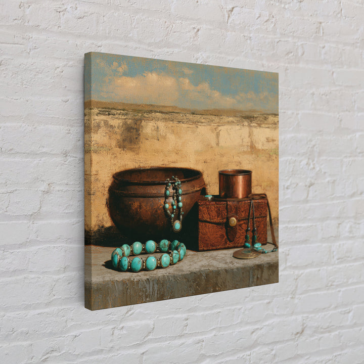 Turquoise Jewelry and Leather Still Life Framed Canvas Print, Southwestern Art, Luxury Decor, Southwestern Decor, Mesa, SOU-1x1-83