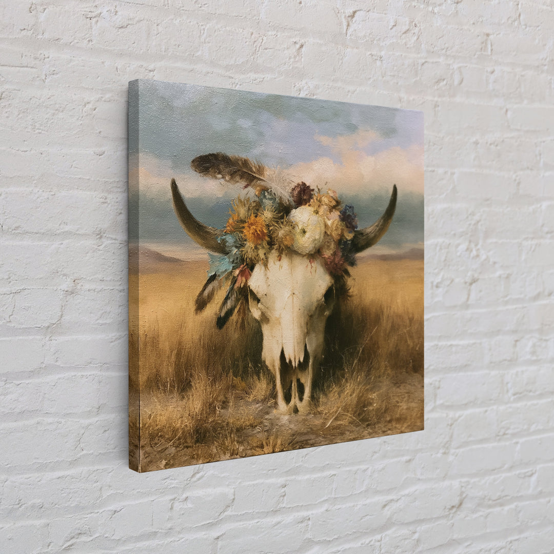 Cow Skull with Desert Flowers and Feathers Canvas Print, Southwestern Art, Wall Decor, Southwestern Decor, Oil Painting, Mesa, SOU-1x1-99