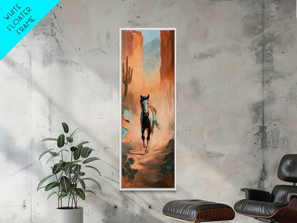 Wild Mustang Running Through Dusty Canyon Canvas Print, Southwestern Art, Neutral Decor, Southwestern Decor, Oil Painting, Mesa, SOU-1x3-18