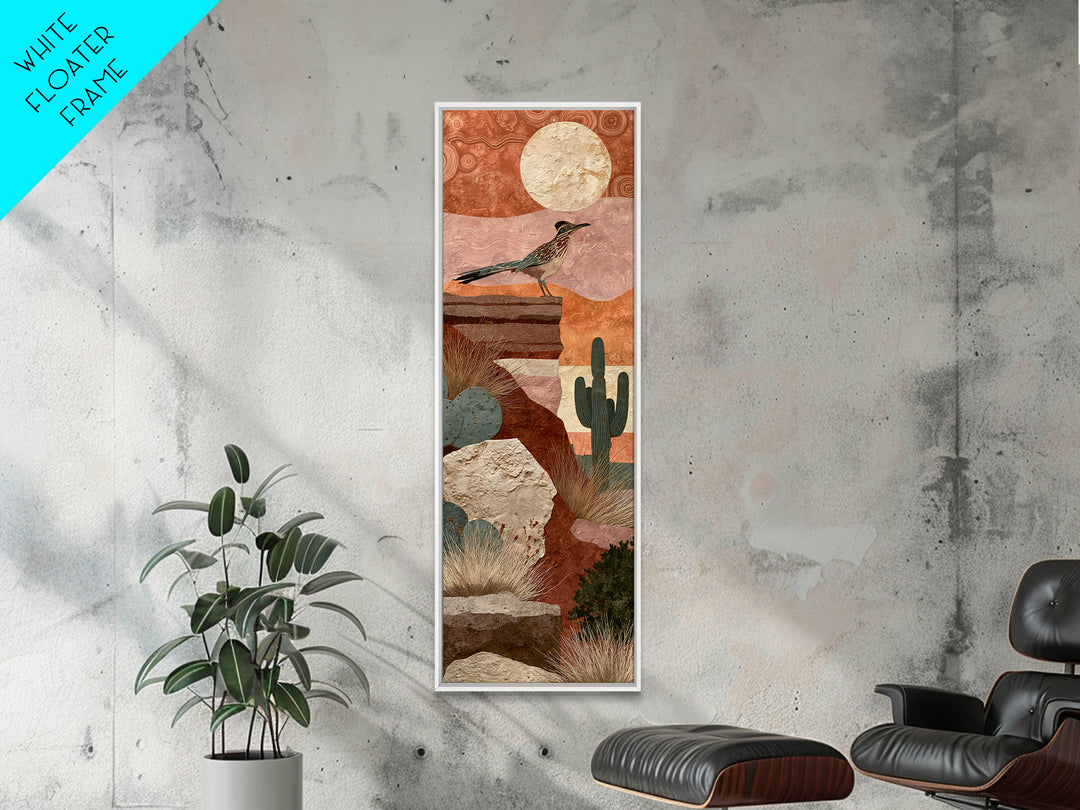 Roadrunner under a Pale Desert Moon Framed Canvas Print, Southwestern Art, Art, Southwestern Decor, Mesa, Boho Wall Decor, SOU-1x3-20