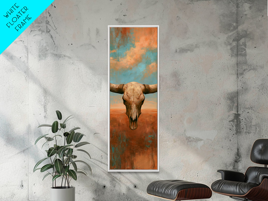 Sun Bleached Longhorn Skull Still Life Framed Canvas Print, Southwestern Art, Wall Art, Southwestern Decor, Oil Painting, Mesa, SOU-1x3-69