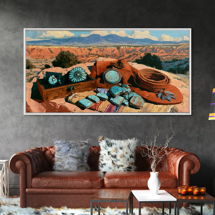 Turquoise Jewelry and Leather Still Life Canvas Print, Southwestern Art, Prints Wall Art, Southwestern Decor, Fine Art, Mesa, SOU-2x1-31