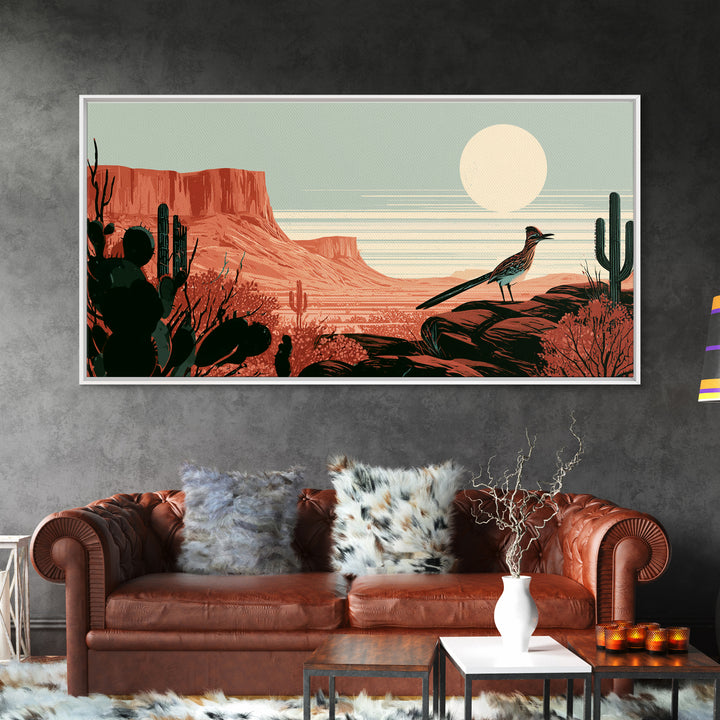 Roadrunner under a Pale Desert Moon Canvas Print, Southwestern Art, Luxury Decor, Southwestern Decor, Oil Painting, Mesa, SOU-2x1-4