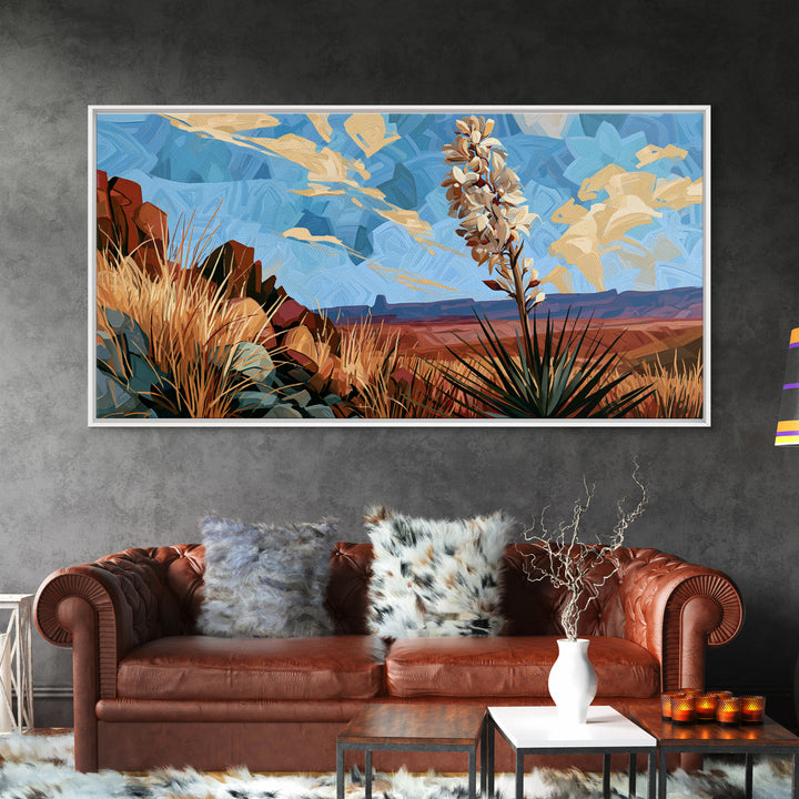 Yucca Blooms Against Clear Blue Sky Framed Canvas Print, Southwestern Art, Art, Southwestern Decor, Mesa, Boho Wall Decor, SOU-2x1-40