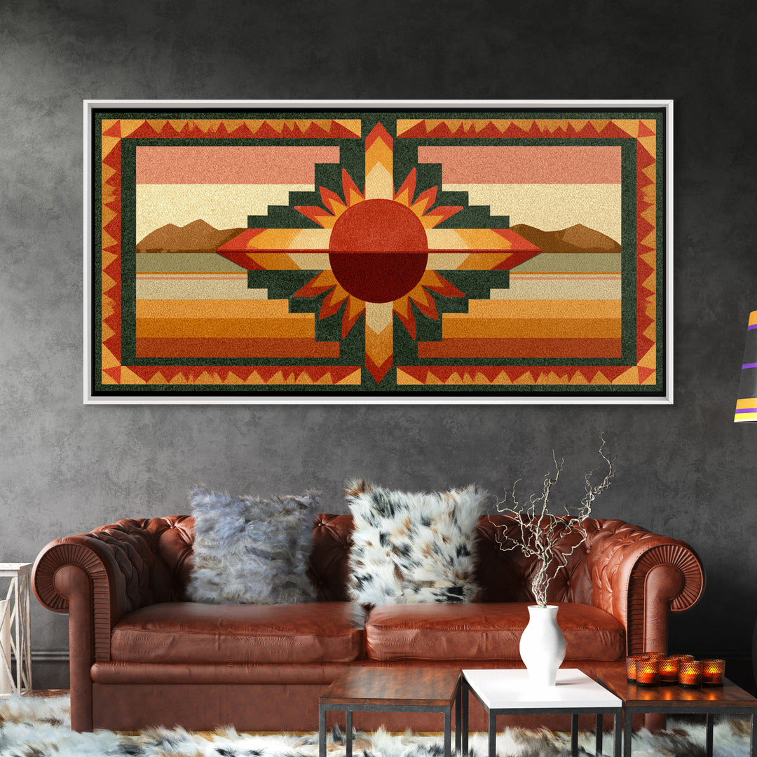 Sun Symbol with Geometric Southwest Border Canvas Print, Southwestern Art, Southwestern Decor, Abstract Art, Mesa, SOU-2x1-41