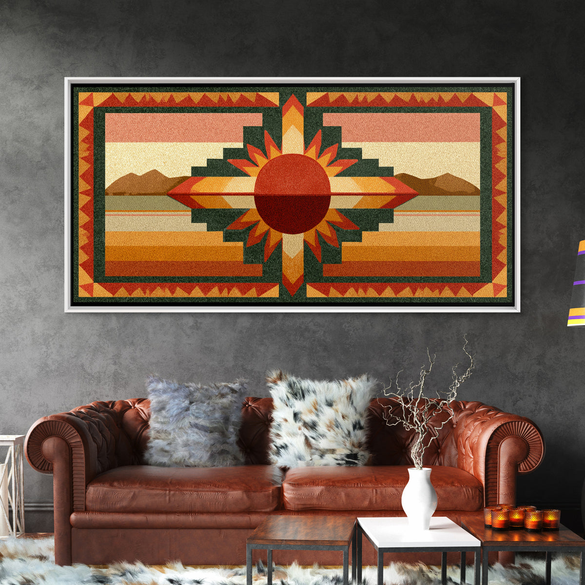 Sun Symbol with Geometric Southwest Border Canvas Print, Southwestern Art, Southwestern Decor, Abstract Art, Mesa, SOU-2x1-41