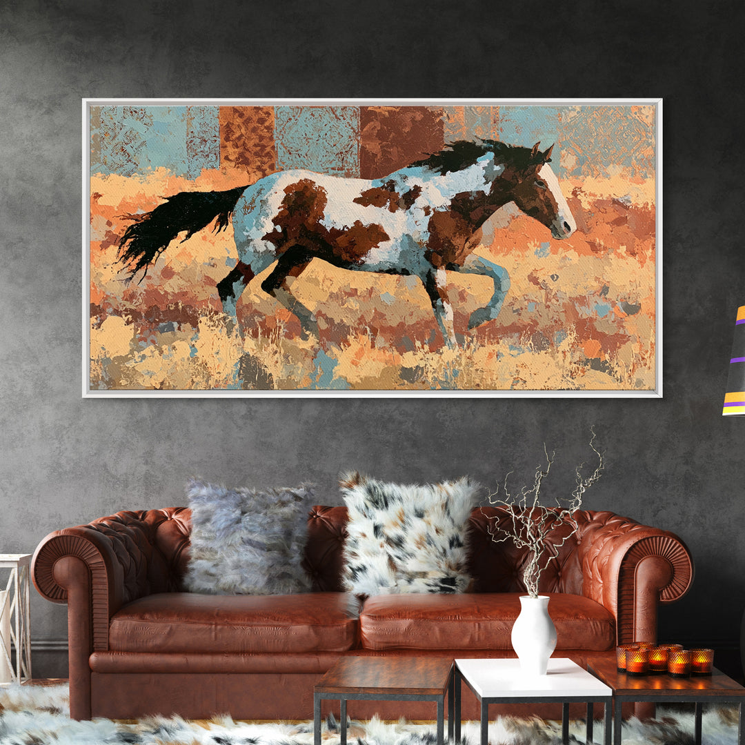 Wild Mustang Running Through Dusty Canyon Framed Canvas Print, Southwestern Art, Southwestern Decor, Oil Painting, Mesa, SOU-2x1-50