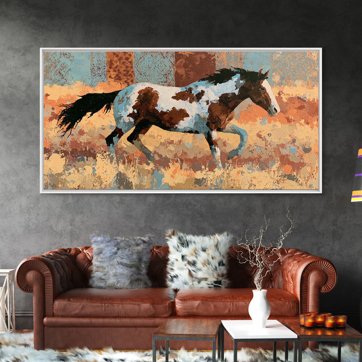 Wild Mustang Running Through Dusty Canyon Framed Canvas Print, Southwestern Art, Southwestern Decor, Oil Painting, Mesa, SOU-2x1-50