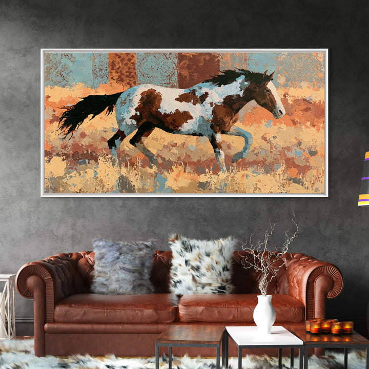 Wild Mustang Running Through Dusty Canyon Framed Canvas Print, Southwestern Art, Southwestern Decor, Oil Painting, Mesa, SOU-2x1-50