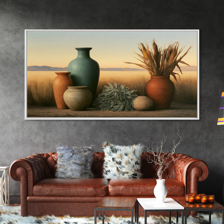 Pueblo Pottery Still Life Framed Canvas Print, Southwestern Art, Gallery Decor, Southwestern Decor, Fine Art, Mesa, Wall Art, SOU-2x1-67