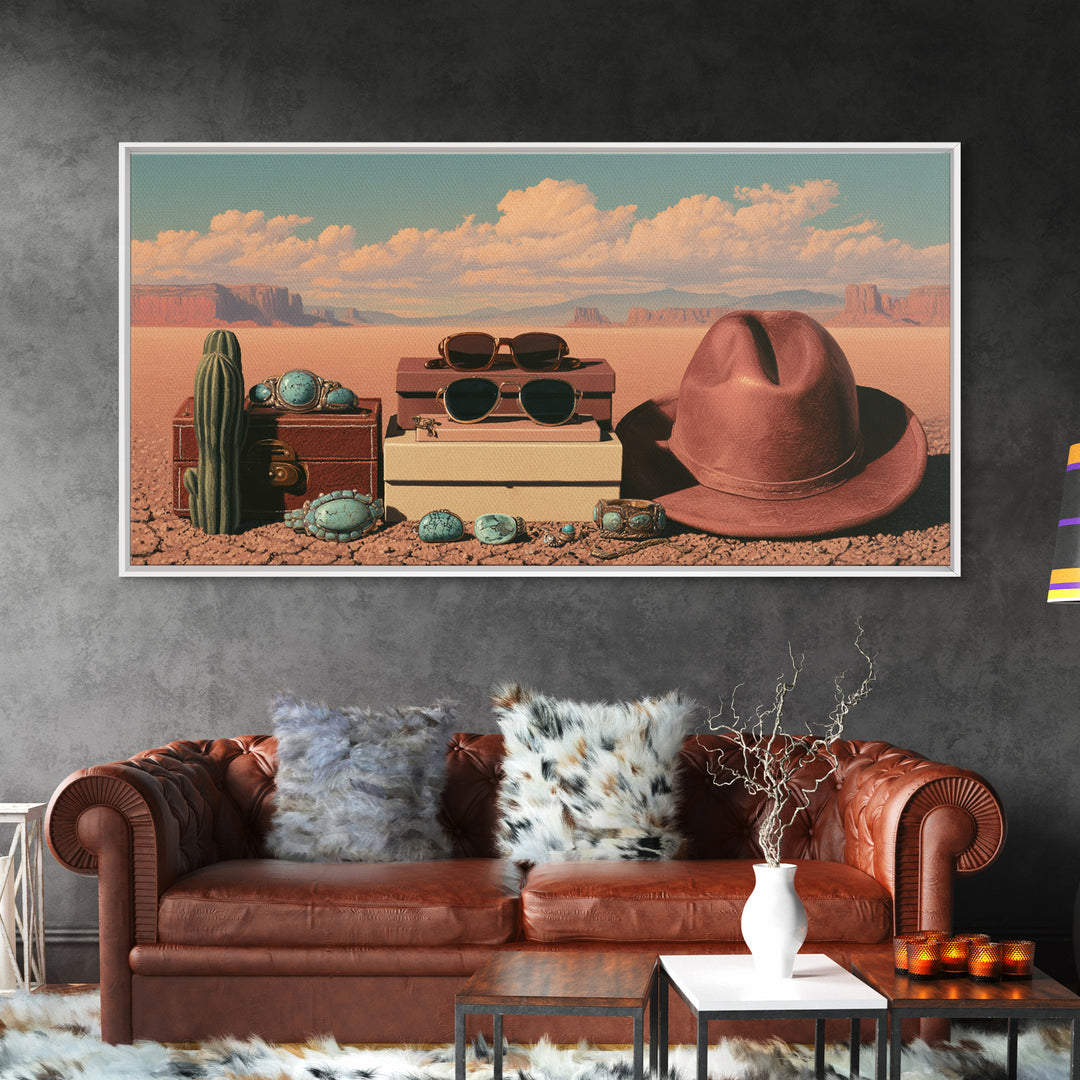 Turquoise Jewelry and Leather Still Life Framed Canvas Print, Southwestern Art, Printable Wall Art, Southwestern Decor, Mesa, SOU-2x1-7