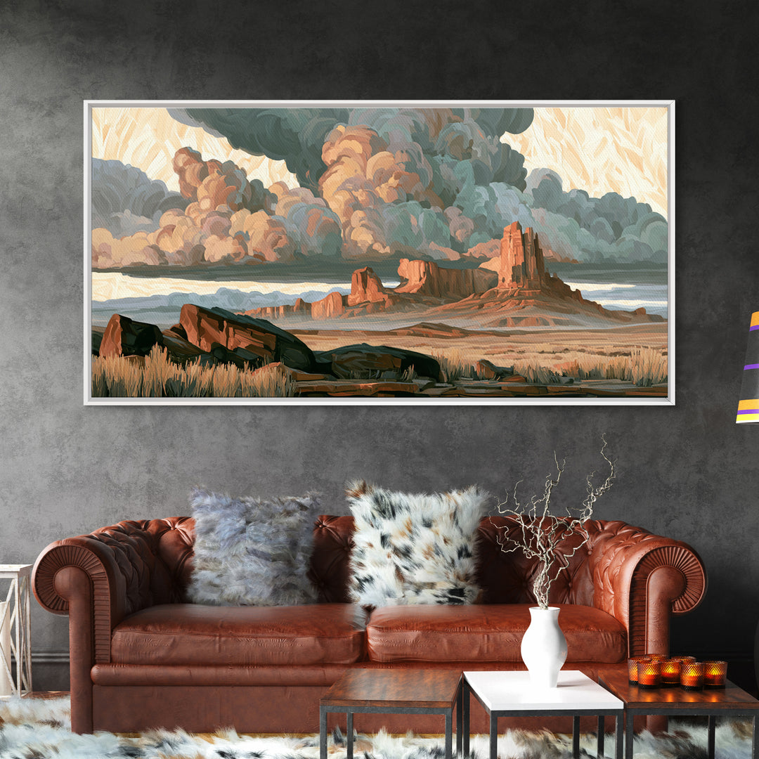 Desert Storm Clouds Framed Canvas Print, Southwestern Art, Tapestry Wall Art, Southwestern Decor, Oil Painting, Mesa, SOU-2x1-80
