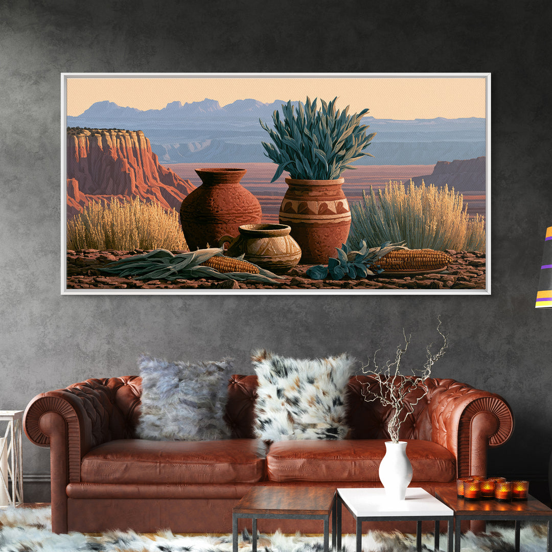 Pueblo Pottery Still Life Framed Canvas Print, Southwestern Art, Prints Wall Art, Southwestern Decor, Fine Art, Mesa, SOU-2x1-91
