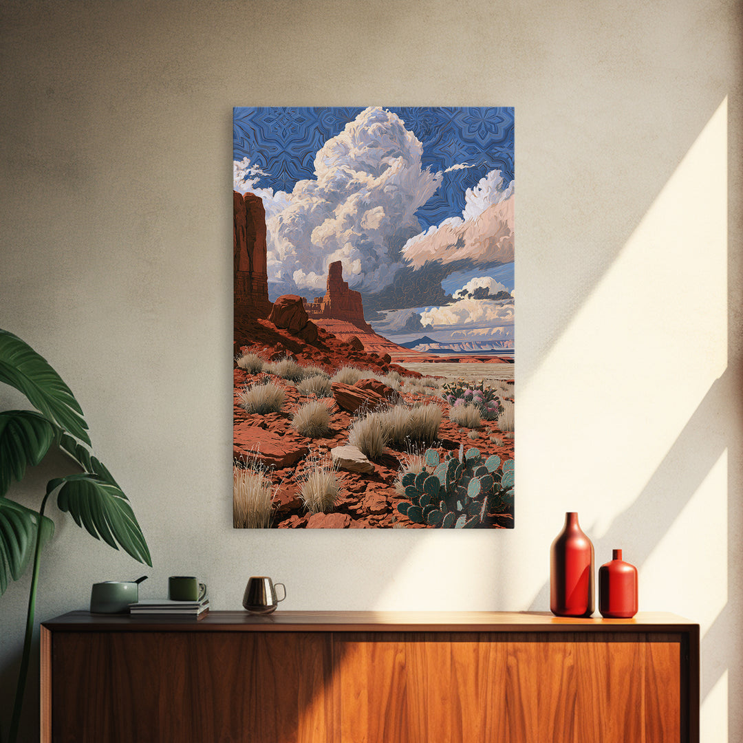 Desert Storm Clouds Framed Canvas Print, Southwestern Art, Boho Wall Decor, Southwestern Decor, Mesa, Antique Oil Painting, SOU-2x3-20