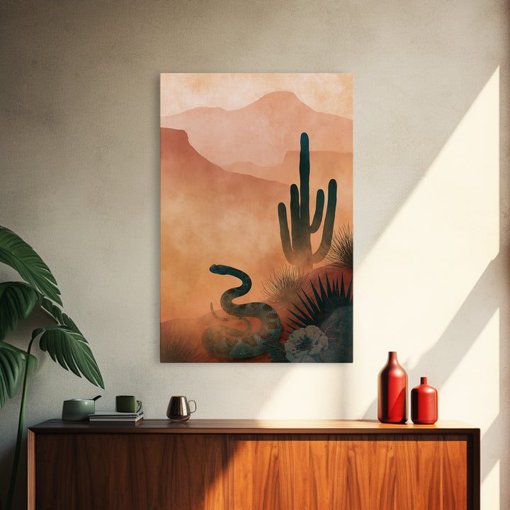 Snake and Desert Flower Composition Framed Canvas Print, Southwestern Art, Minimalist Decor, Southwestern Decor, Oil Painting, SOU-2x3-30