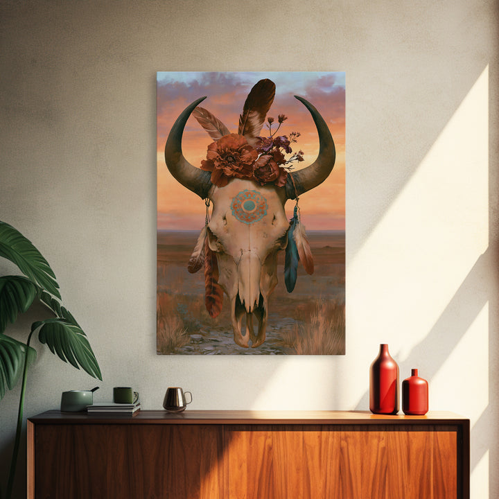 Cow Skull with Desert Flowers and Feathers Canvas Print, Southwestern Art, Southwestern Decor, Watercolor Art, Mesa, SOU-2x3-35