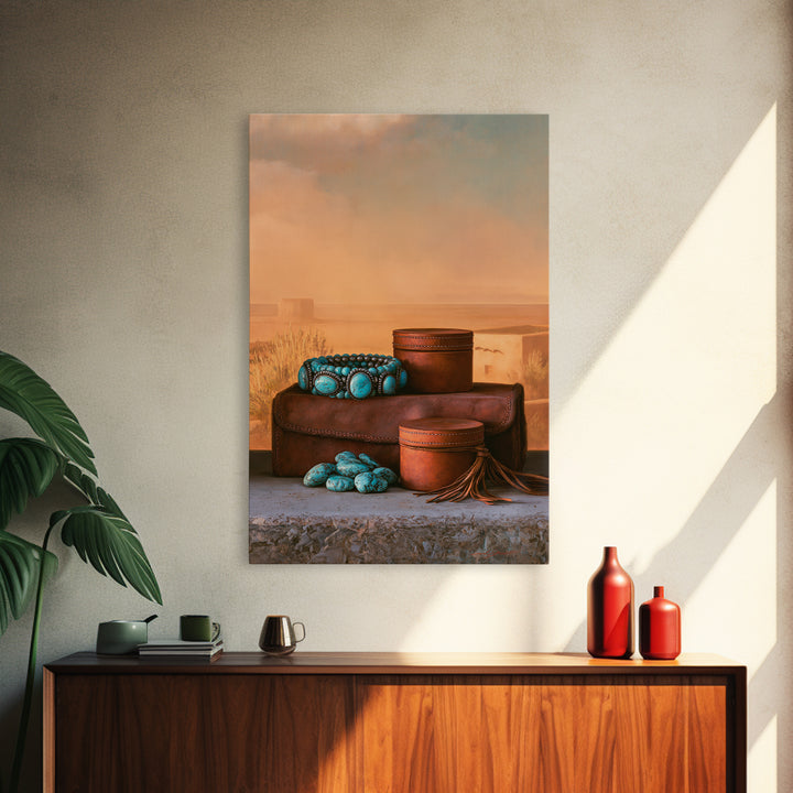 Turquoise Jewelry and Leather Still Life Framed Canvas Print, Southwestern Art, Prints Wall Art, Southwestern Decor, Mesa, SOU-2x3-43