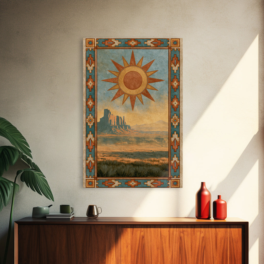 Sun Symbol with Geometric Southwest Border Canvas Print, Southwestern Art, Southwestern Decor, Abstract Art, Mesa, SOU-2x3-5