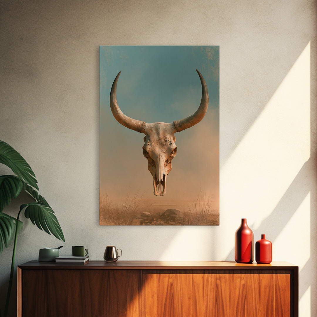 Sun Bleached Longhorn Skull Still Life Canvas Print, Southwestern Art, Tapestry Wall Art, Southwestern Decor, Fine Art, Mesa, SOU-2x3-65