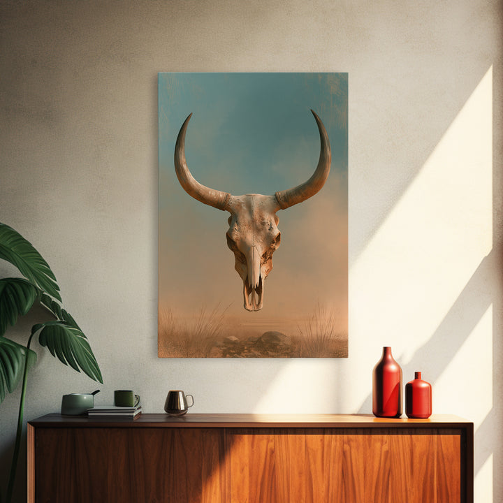 Sun Bleached Longhorn Skull Still Life Canvas Print, Southwestern Art, Tapestry Wall Art, Southwestern Decor, Fine Art, Mesa, SOU-2x3-65