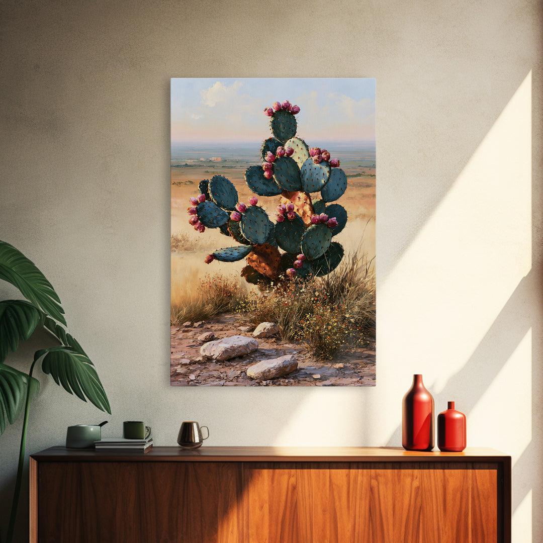 Prickly Pear Cactus Framed Canvas Print, Southwestern Art, Western Art, Southwestern Decor, Fine Art, Mesa, Textured Painting, SOU-2x3-87