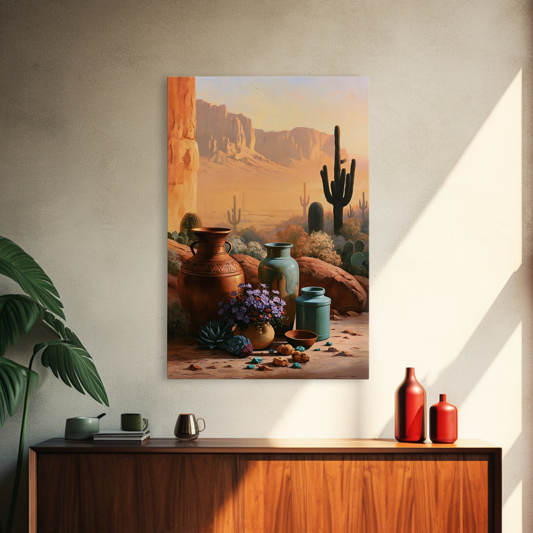 Painted Pottery and Desert Wildflowers Canvas Print, Southwestern Art, Western Wall Art, Southwestern Decor, Watercolor Art, SOU-2x3-96