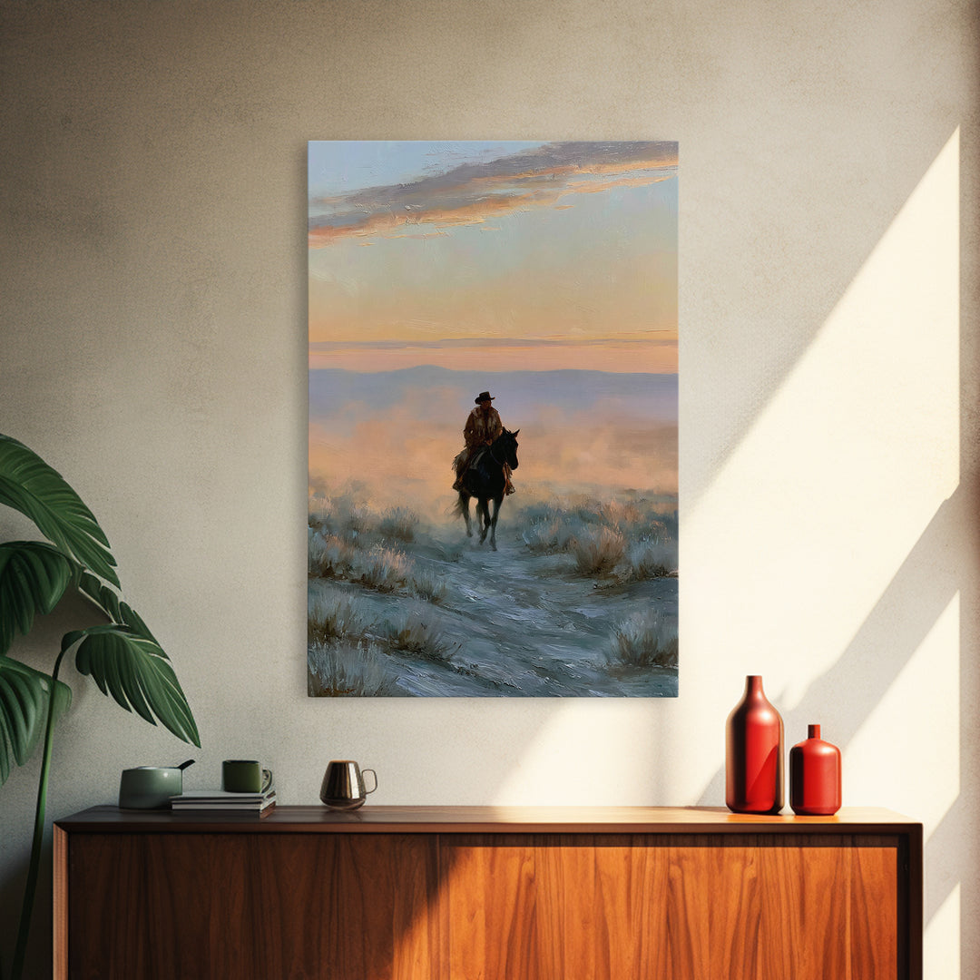 Horse Rider Crossing Desert at Dusk Canvas Print, Southwestern Art, Native American Art, Southwestern Decor, Fine Art, Mesa, SOU-2x3-99