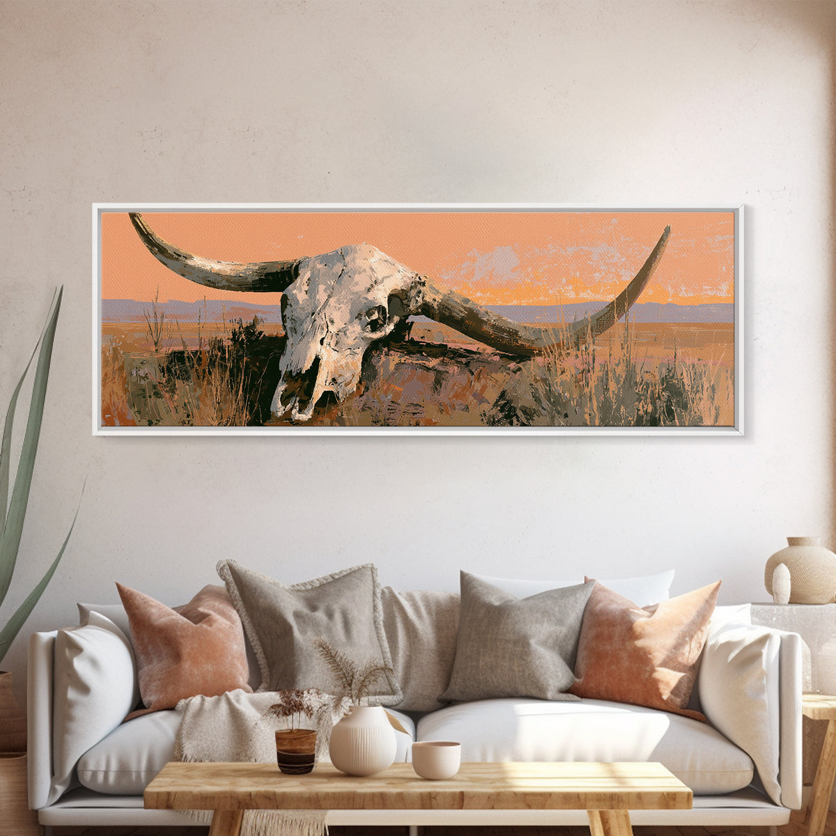 Sun Bleached Longhorn Skull Still Life Framed Canvas Print, Southwestern Art, Landscape Painting, Southwestern Decor, Mesa, SOU-3x1-1