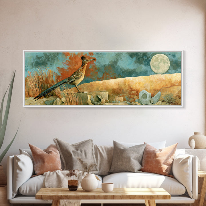 Roadrunner under a Pale Desert Moon Canvas Print, Southwestern Art, Antique Oil Painting, Southwestern Decor, Fine Art, Mesa, SOU-3x1-24
