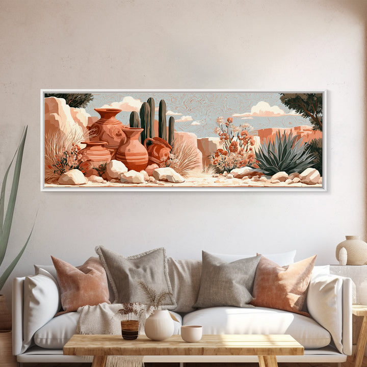 Painted Pottery and Desert Wildflowers Framed Canvas Print, Southwestern Art, Rustic Home Decor, Southwestern Decor, Mesa, SOU-3x1-32