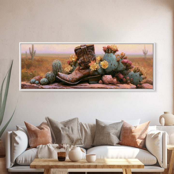 Western Boot with Cactus Blossoms Canvas Print, Southwestern Art, Landscape Art, Southwestern Decor, Mesa, Statement Artwork, SOU-3x1-33