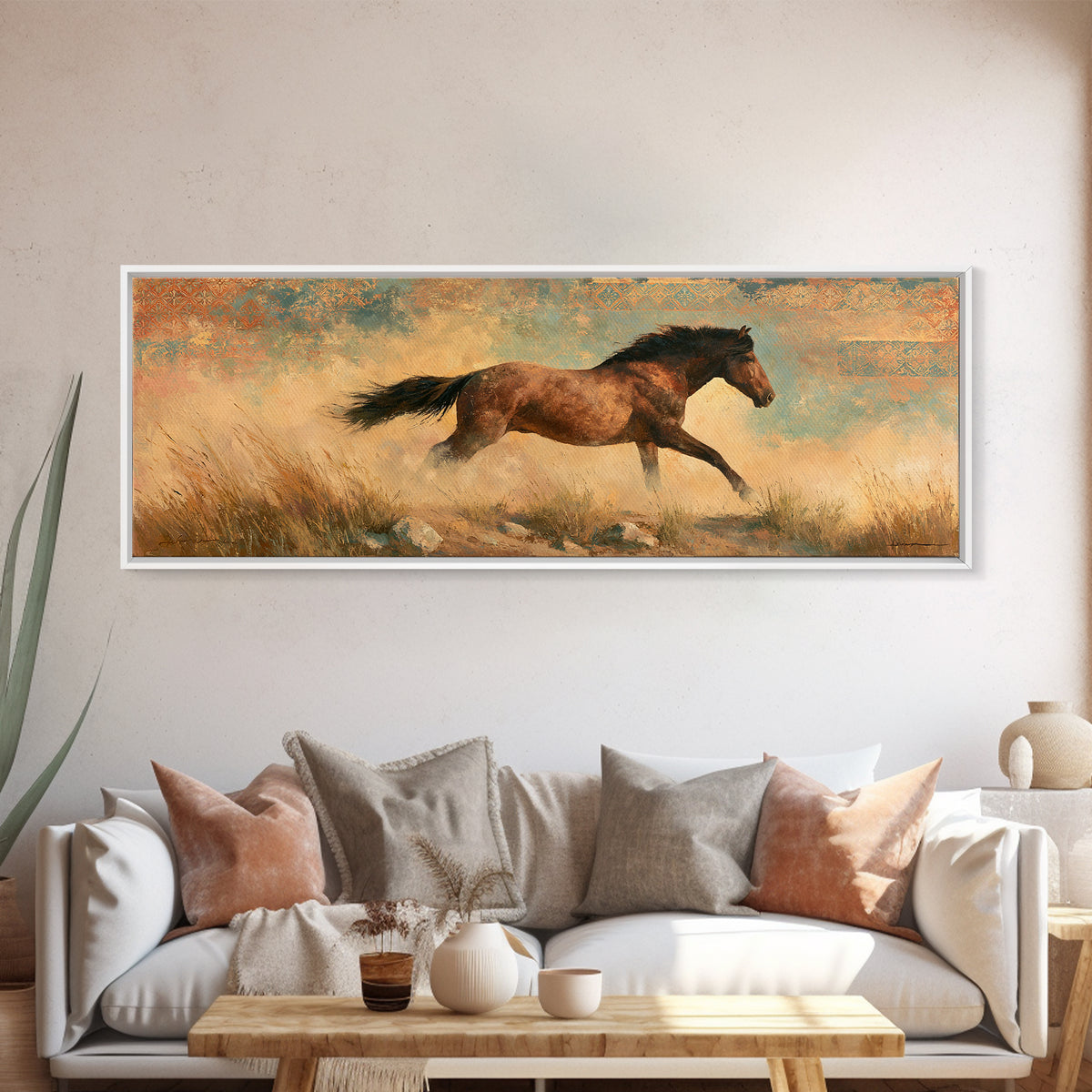 Wild Mustang Running Through Dusty Canyon Canvas Print, Southwestern Art, Landscape Painting, Southwestern Decor, SOU-3x1-46