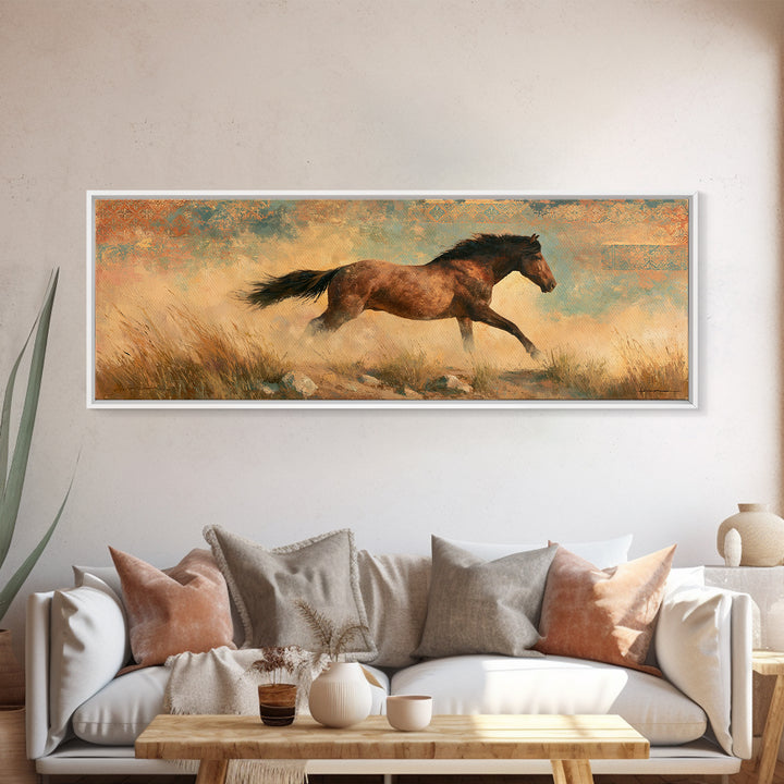 Wild Mustang Running Through Dusty Canyon Canvas Print, Southwestern Art, Landscape Painting, Southwestern Decor, SOU-3x1-46