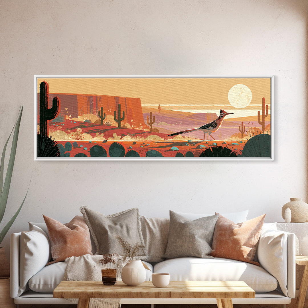 Roadrunner under a Pale Desert Moon Canvas Print, Southwestern Art, Textured Painting, Southwestern Decor, Watercolor Art, Mesa, SOU-3x1-48