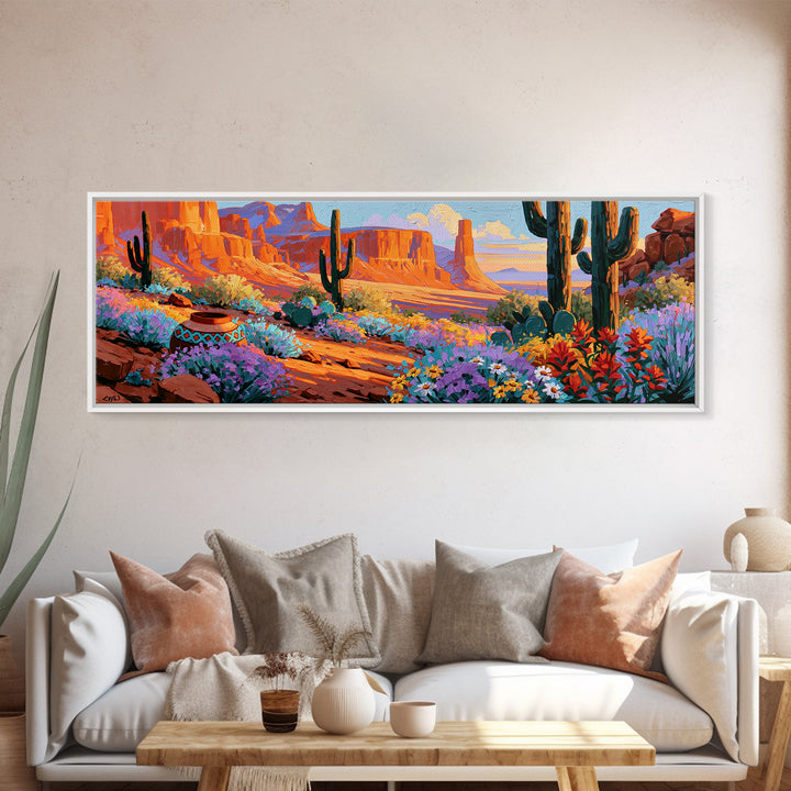 Painted Pottery and Desert Wildflowers Framed Canvas Print, Southwestern Art, Minimalist Decor, Southwestern Decor, SOU-3x1-56