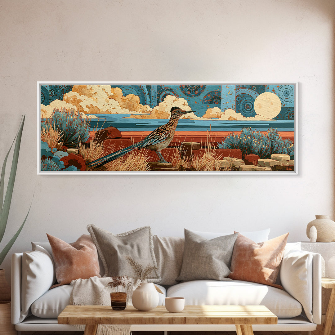 Roadrunner under a Pale Desert Moon Framed Canvas Print, Southwestern Art, Art, Southwestern Decor, Mesa, Boho Wall Decor, SOU-3x1-72